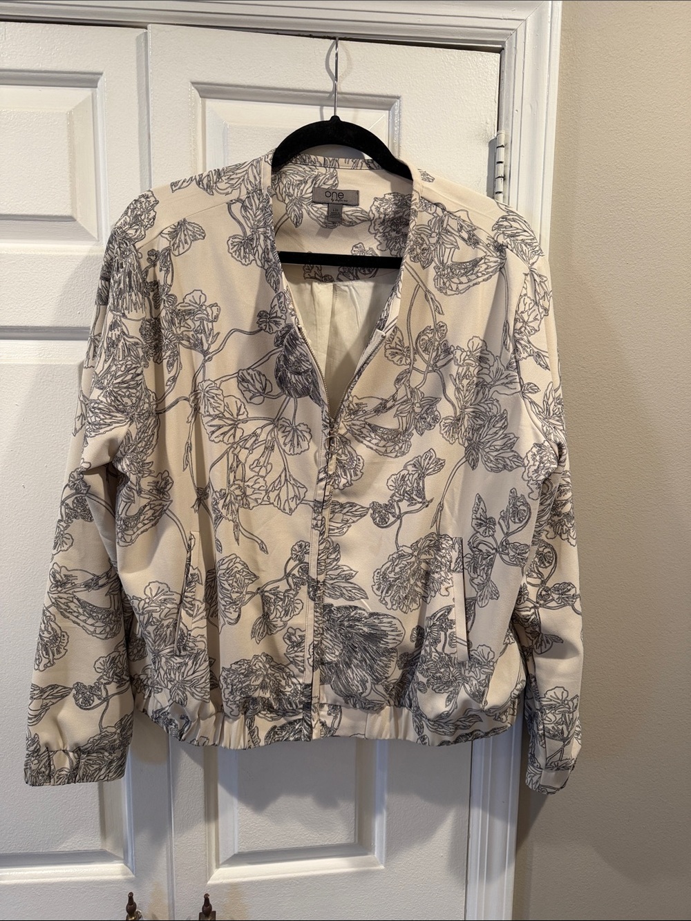Neutral Floral Bomber Jacket - Cream with Gray Print
